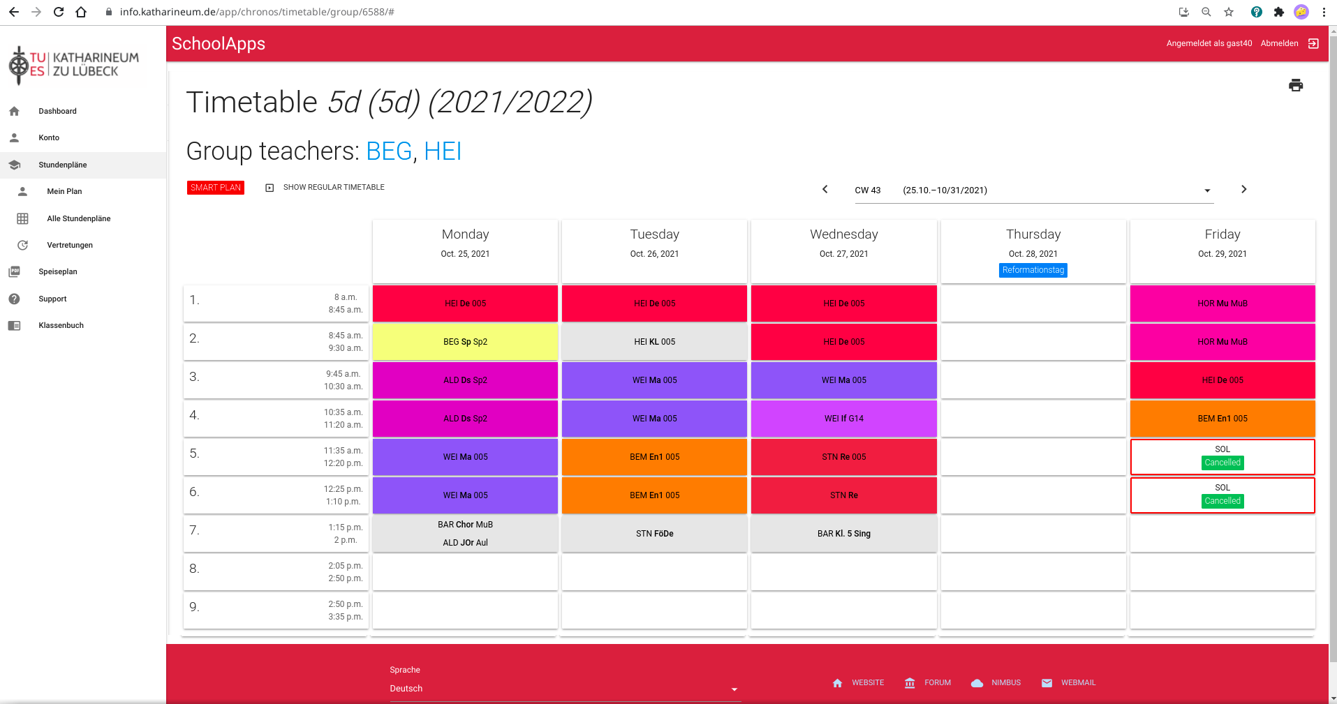 Screenshot of timetable in AlekSIS >
